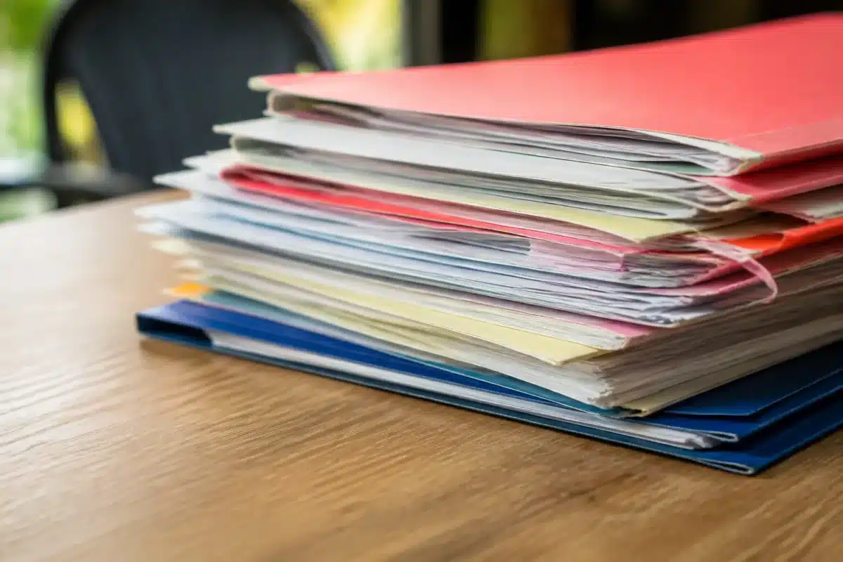 Documents officiels empilés sur table en bois clair
