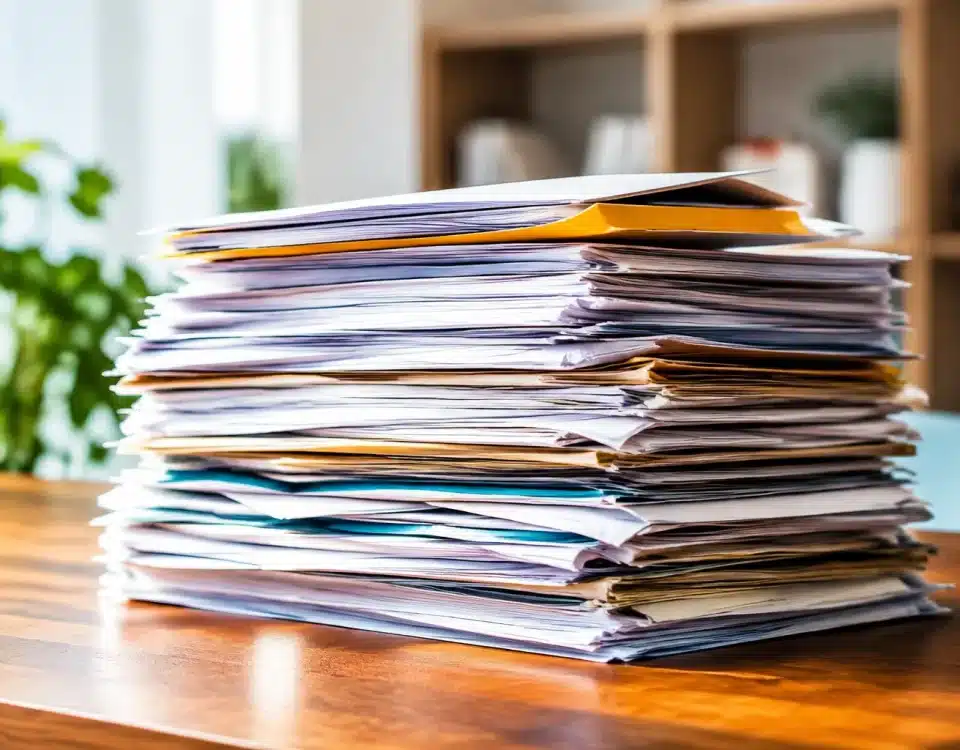 Pile de documents papier posee sur une table avant recyclage