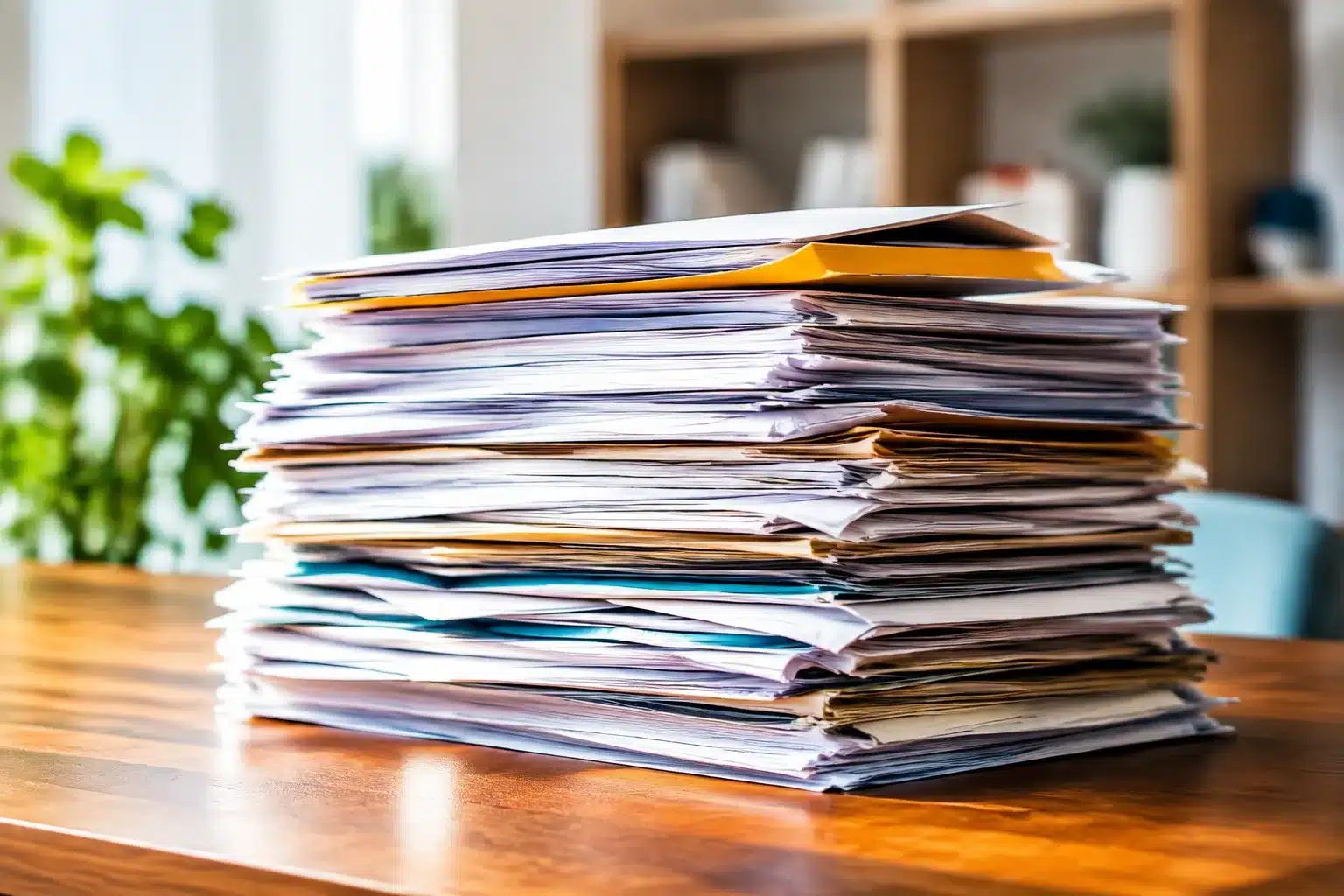 Pile de documents papier posee sur une table avant recyclage