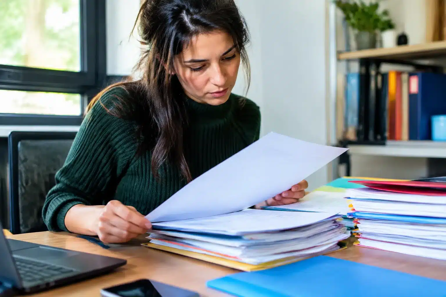 Personne consultant documents administratifs empilés sur bureau