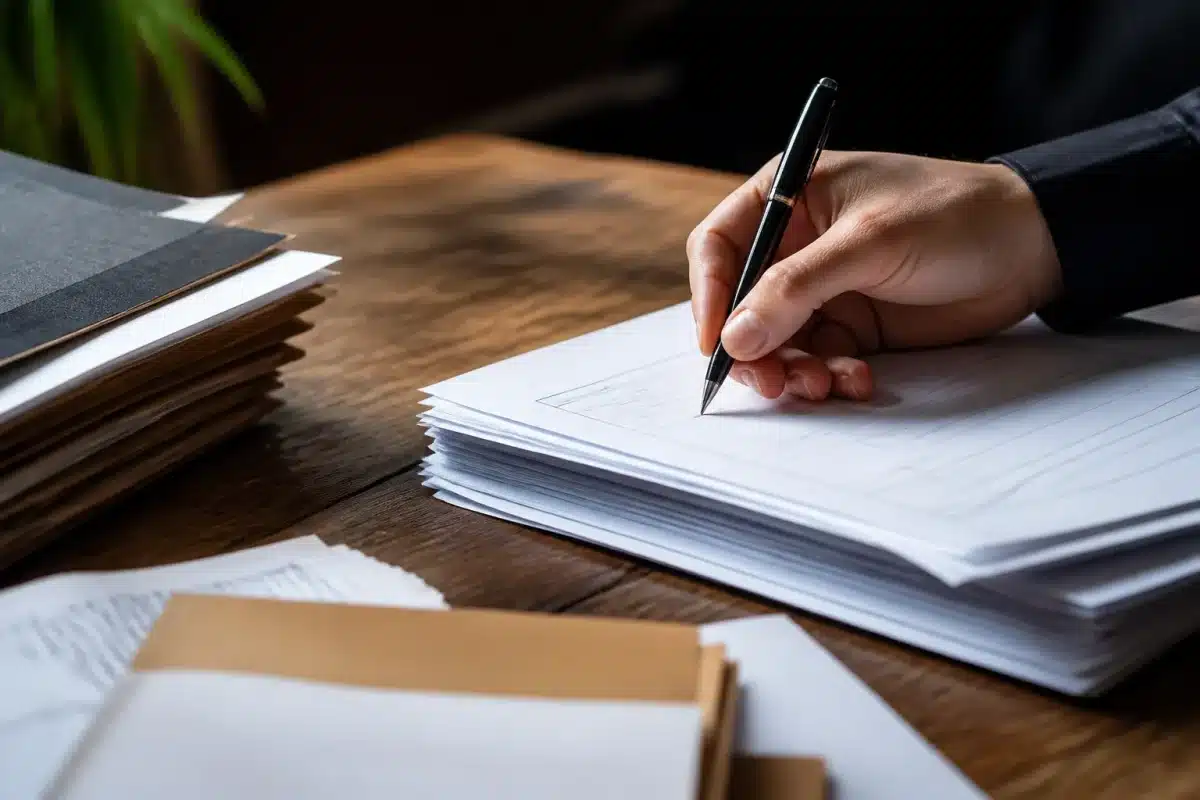 Documents succession avec stylo sur table bois