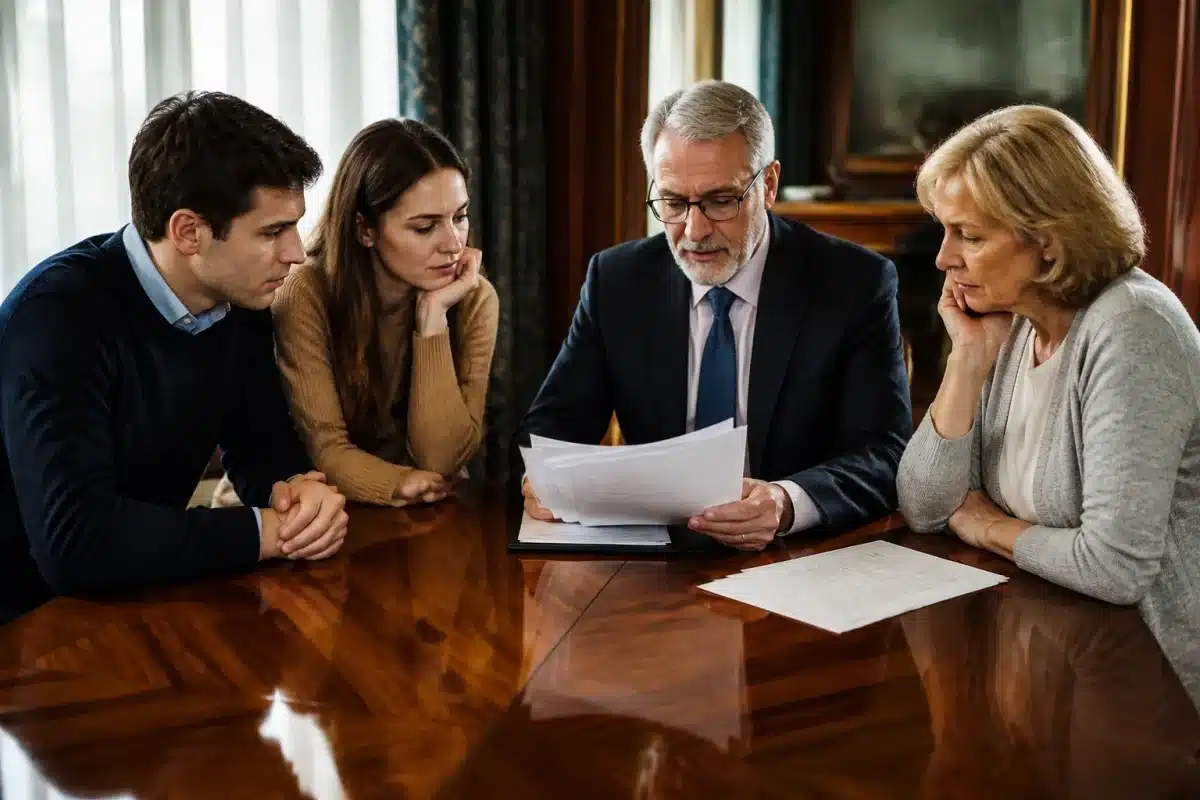 Notaire examinant documents de succession avec famille assise autour table