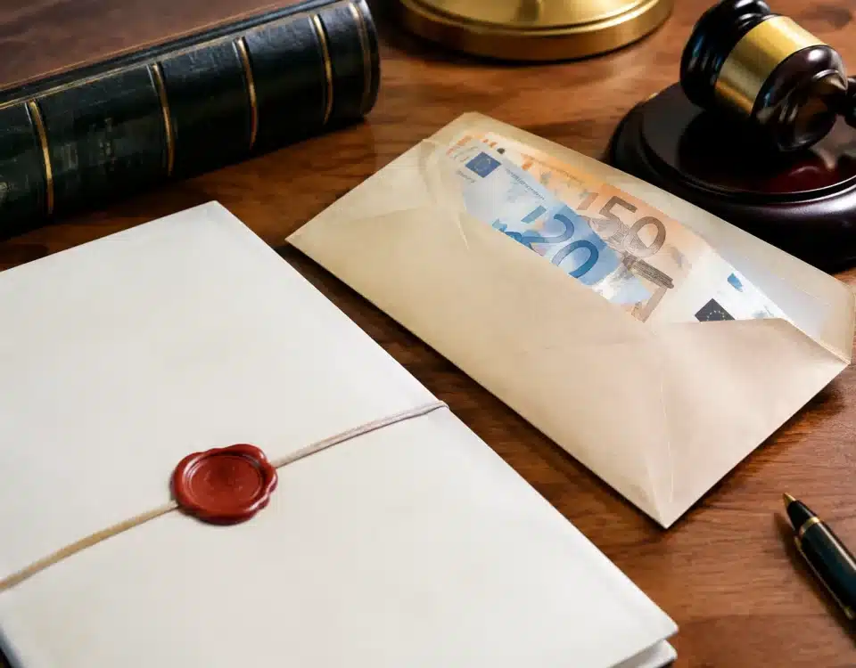 Document testament posé sur table avec enveloppe argent liquide