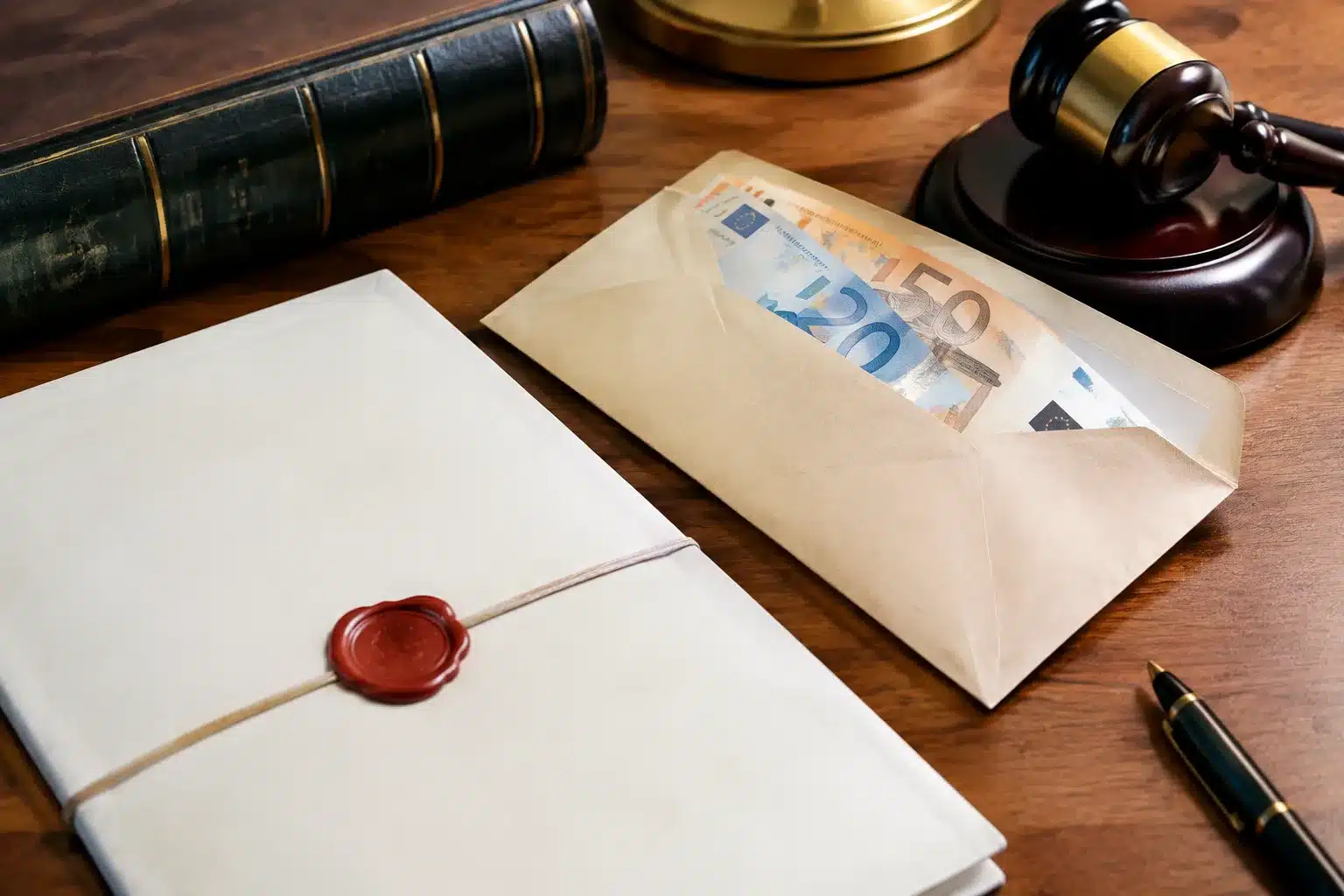 Document testament posé sur table avec enveloppe argent liquide