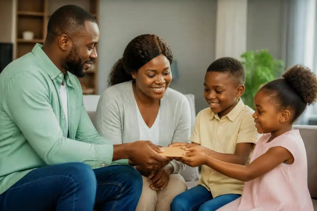 Parents remettant enveloppe d'argent à enfants souriants
