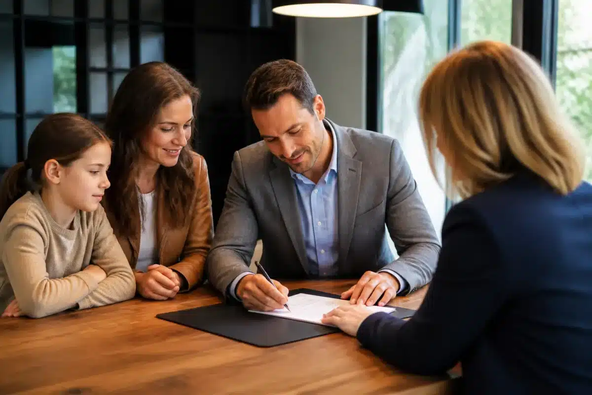 Famille signant documents immobiliers autour table notaire