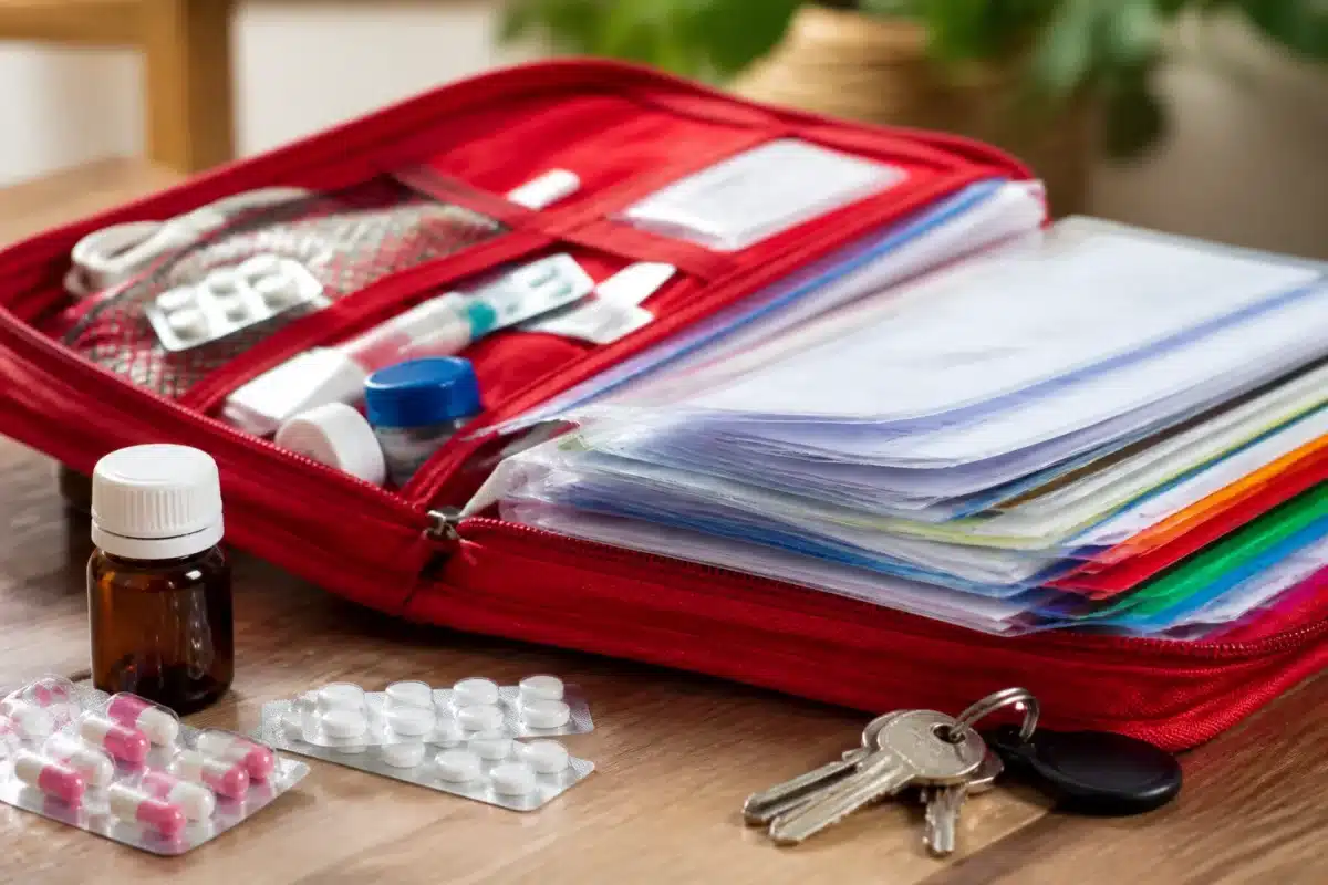 Dossier médical avec documents, médicaments et coordonnées contact