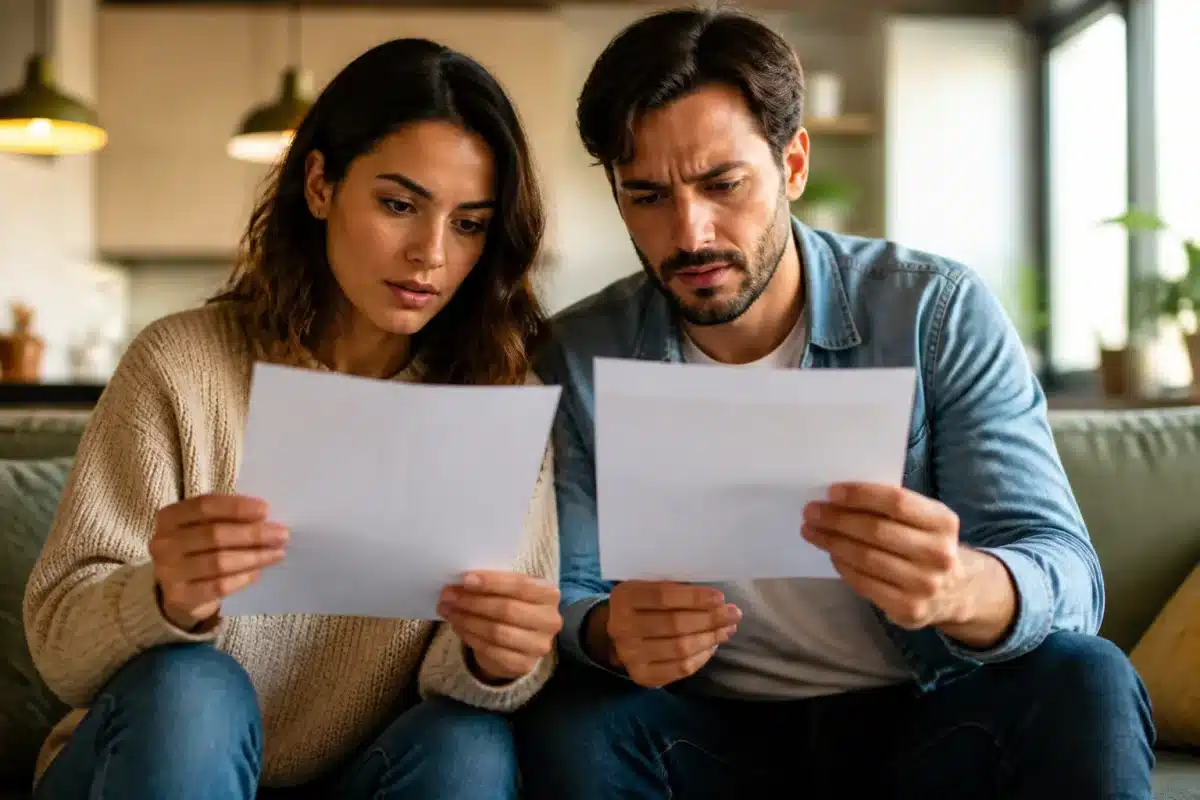 Femme et homme comparant leurs fiches de paie, écarts visibles.