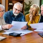 Personnes agees assises autour table comparant documents tarifaires