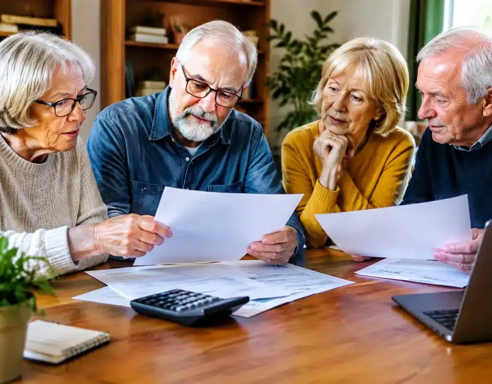 Personnes agees assises autour table comparant documents tarifaires