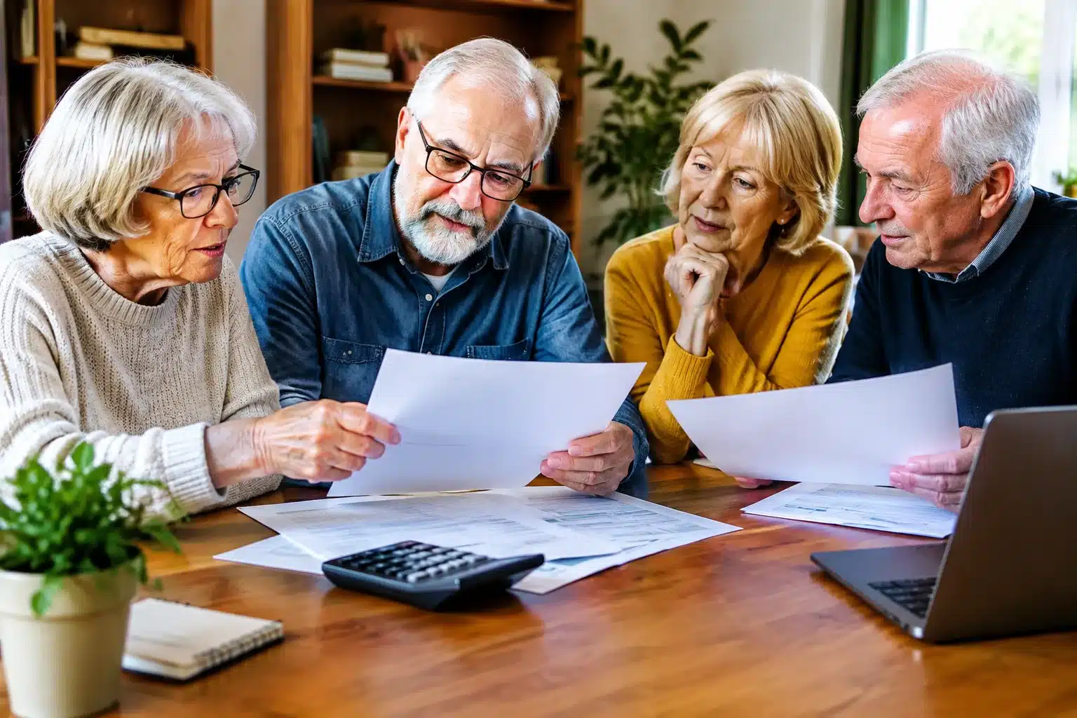 Personnes agees assises autour table comparant documents tarifaires