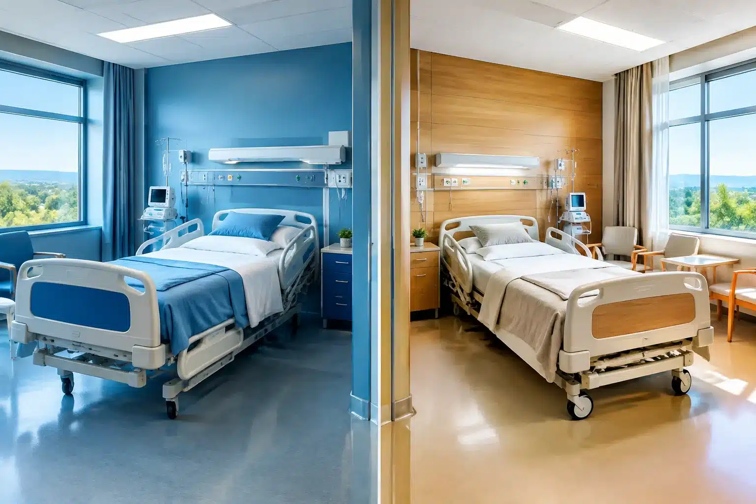 Deux chambres d'etablissement medical cote a cote comparaison