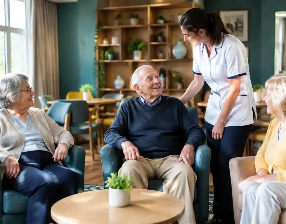Residents assis dans salon medicalisé avec aide-soignante debout