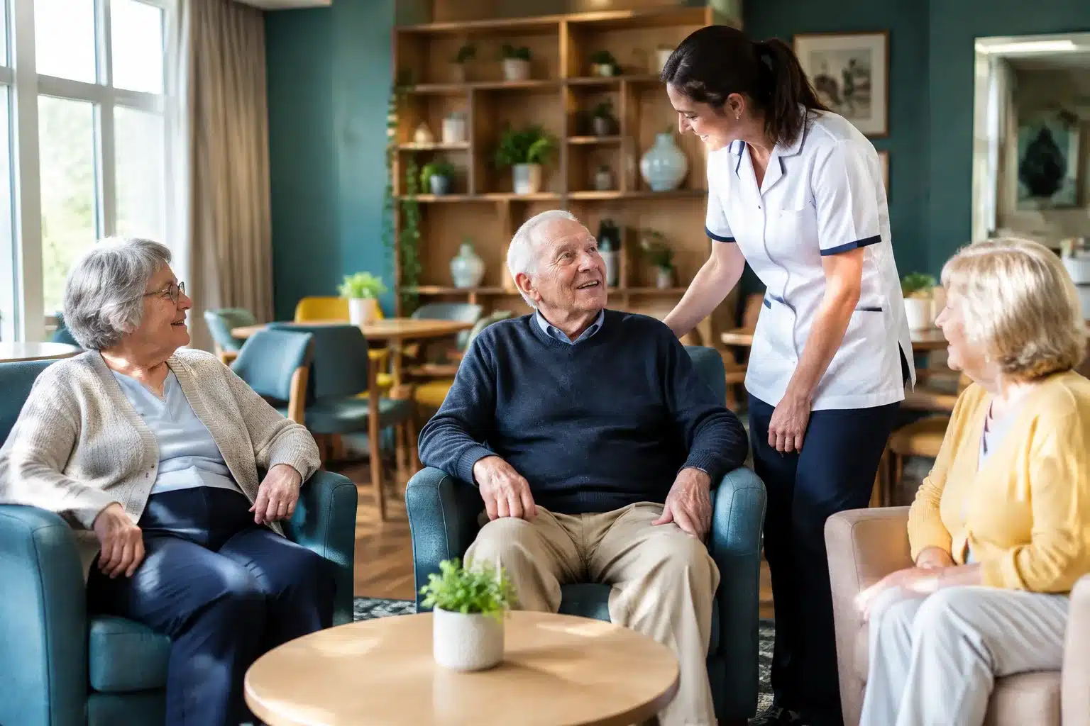 Residents assis dans salon medicalisé avec aide-soignante debout
