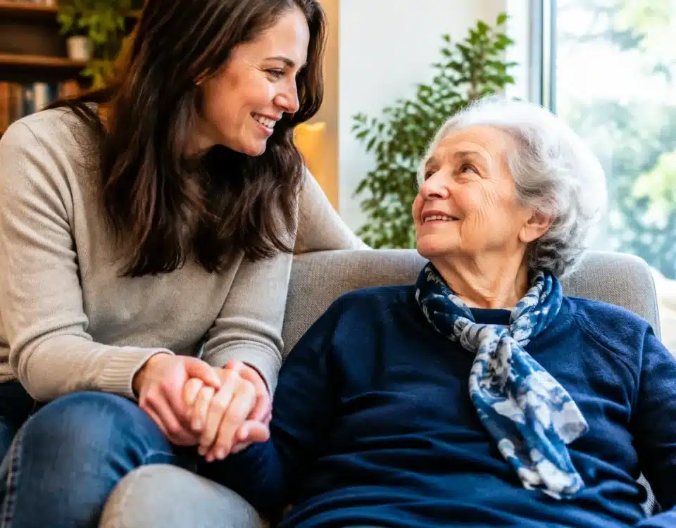 Enfant adulte tenant la main d'un parent assis dans un fauteuil