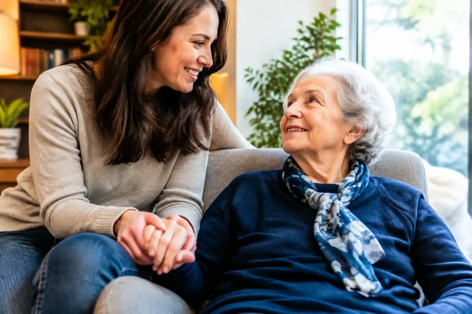 Enfant adulte tenant la main d'un parent assis dans un fauteuil