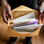 Personne presentant enveloppe contenant billets et documents administratifs