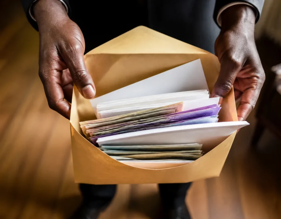 Personne presentant enveloppe contenant billets et documents administratifs