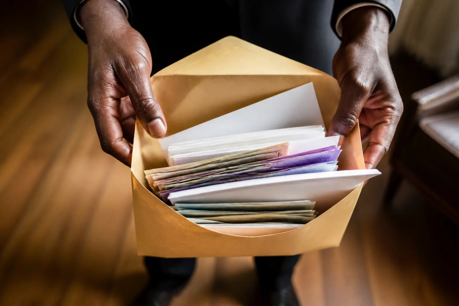 Personne presentant enveloppe contenant billets et documents administratifs