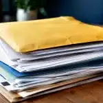Enveloppe jaunie posee sur des documents administratifs empiles
