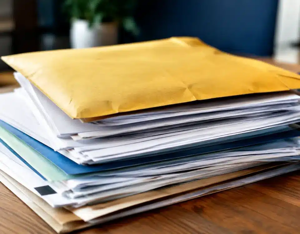 Enveloppe jaunie posee sur des documents administratifs empiles