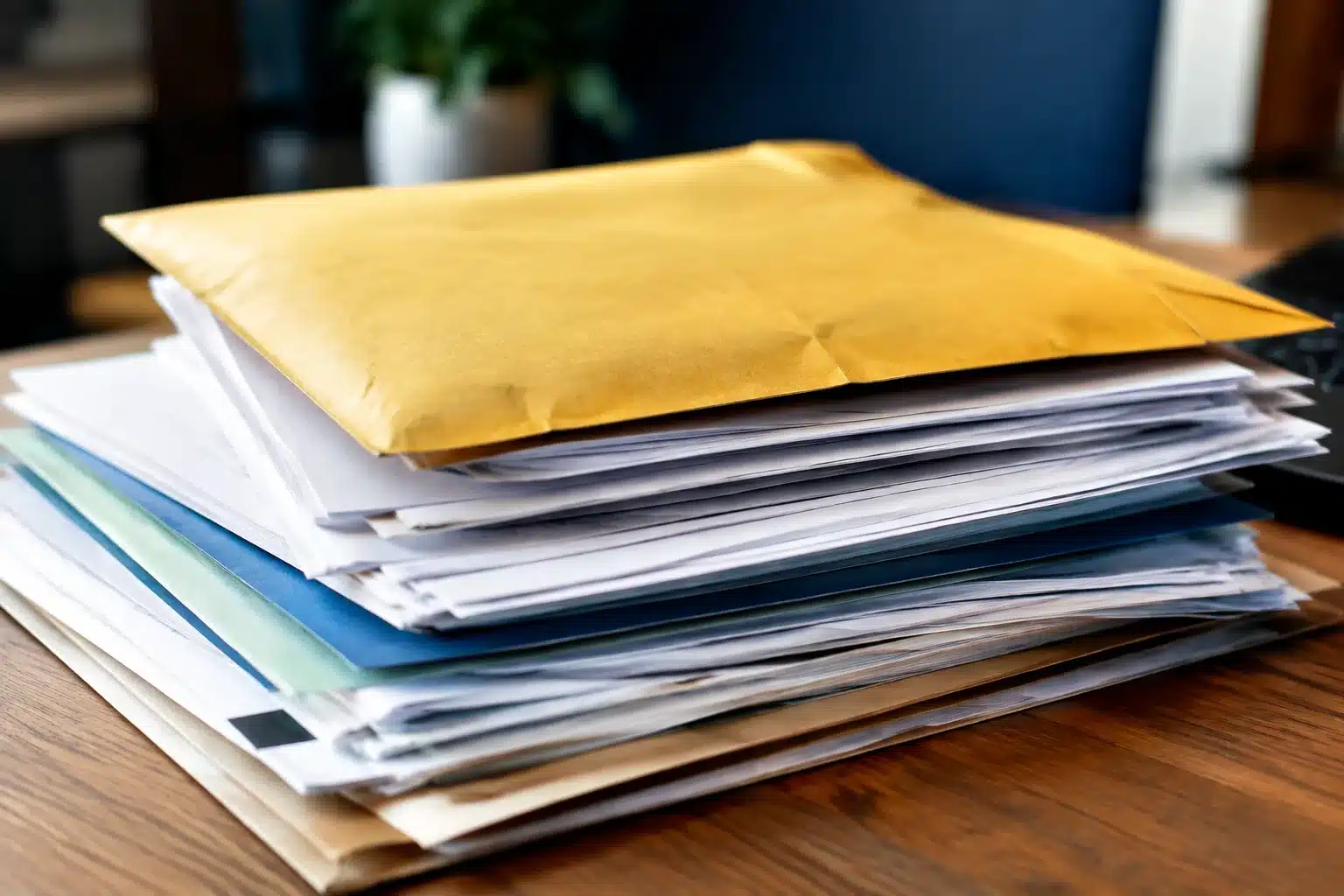 Enveloppe jaunie posee sur des documents administratifs empiles