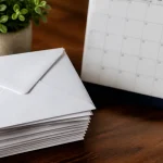 Enveloppes blanches empilees pres calendrier affichant chiffres