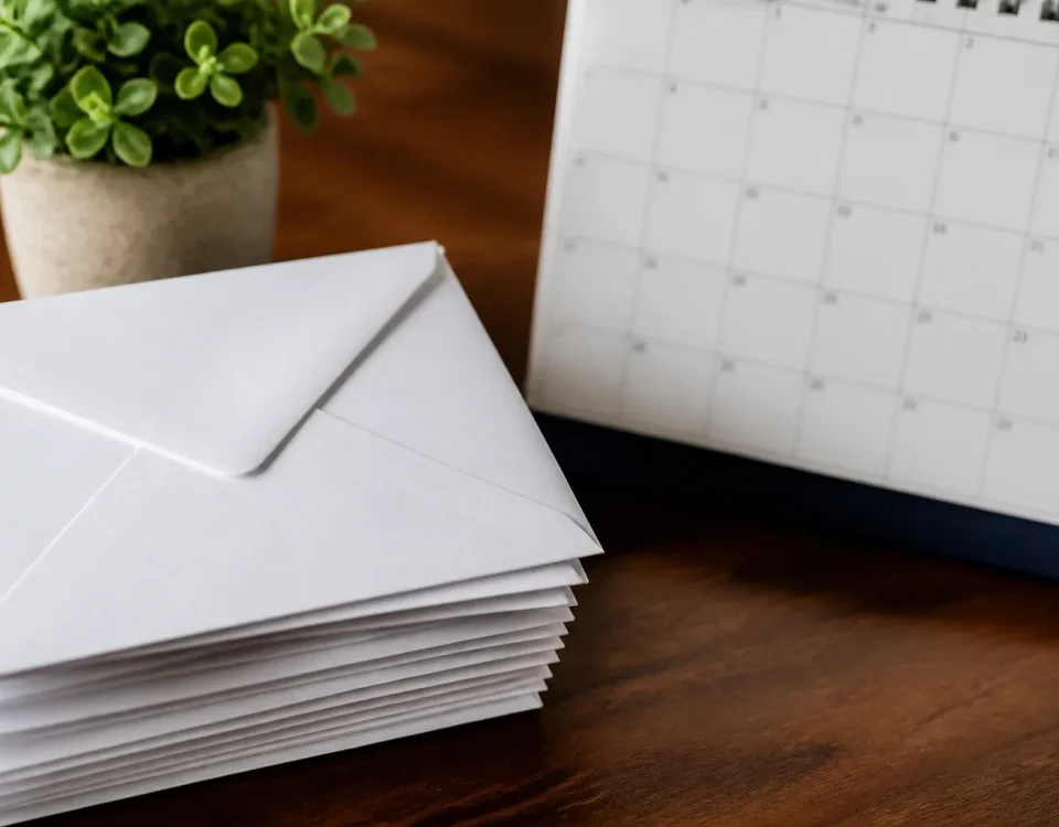 Enveloppes blanches empilees pres calendrier affichant chiffres