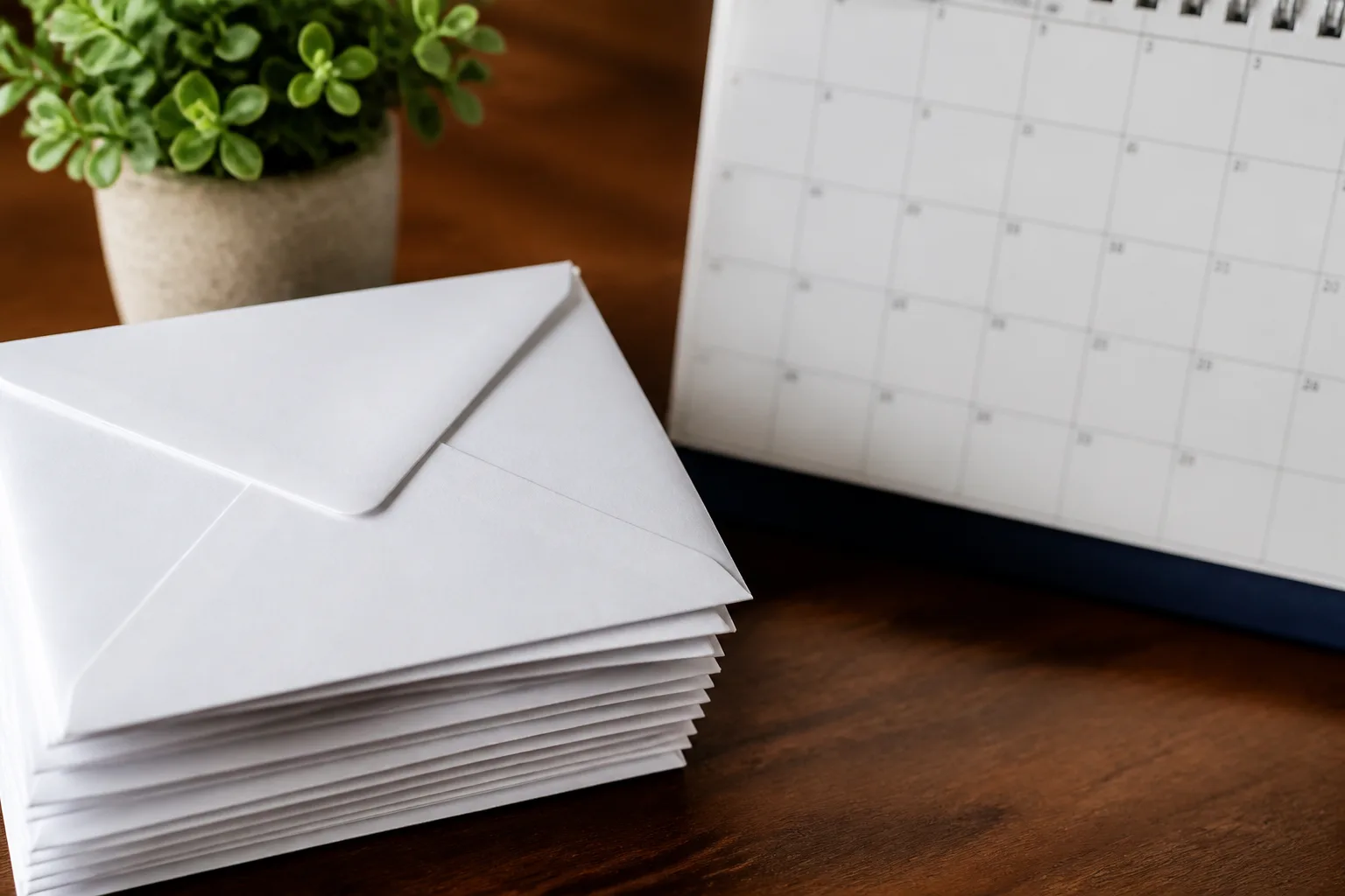 Enveloppes blanches empilees pres calendrier affichant chiffres