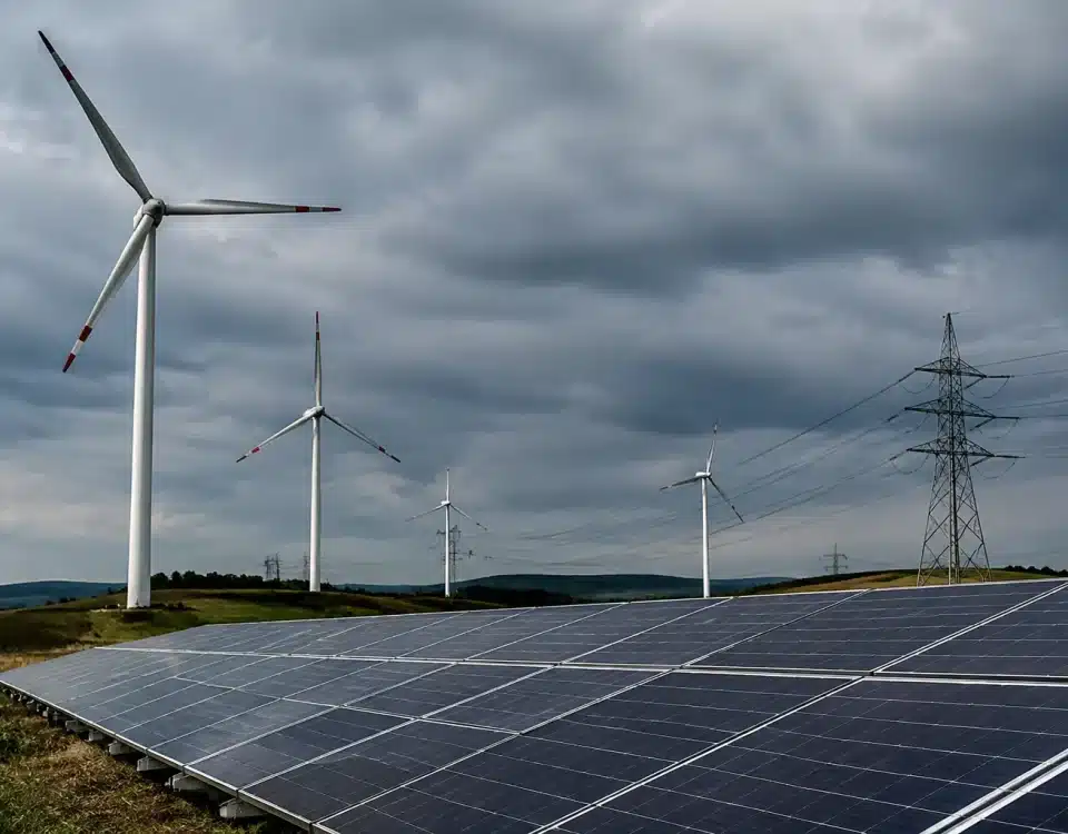 Eoliennes et panneaux solaires immobiles sous ciel gris surcharge reseau