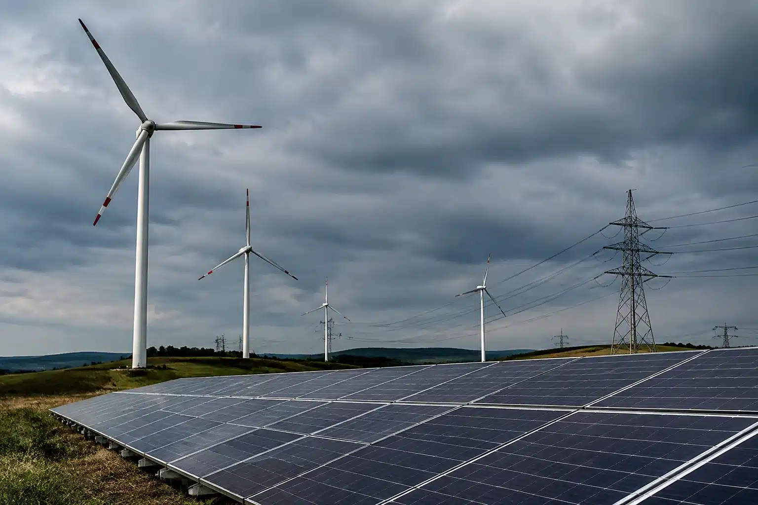 Eoliennes et panneaux solaires immobiles sous ciel gris surcharge reseau