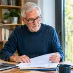 Homme assis a son bureau consultant documents administratifs retraite