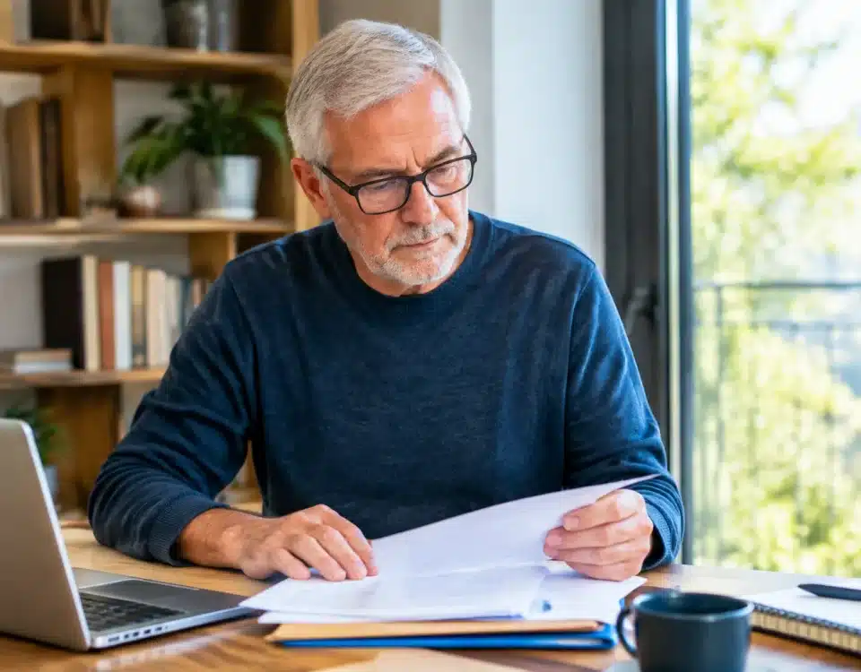 Homme assis a son bureau consultant documents administratifs retraite