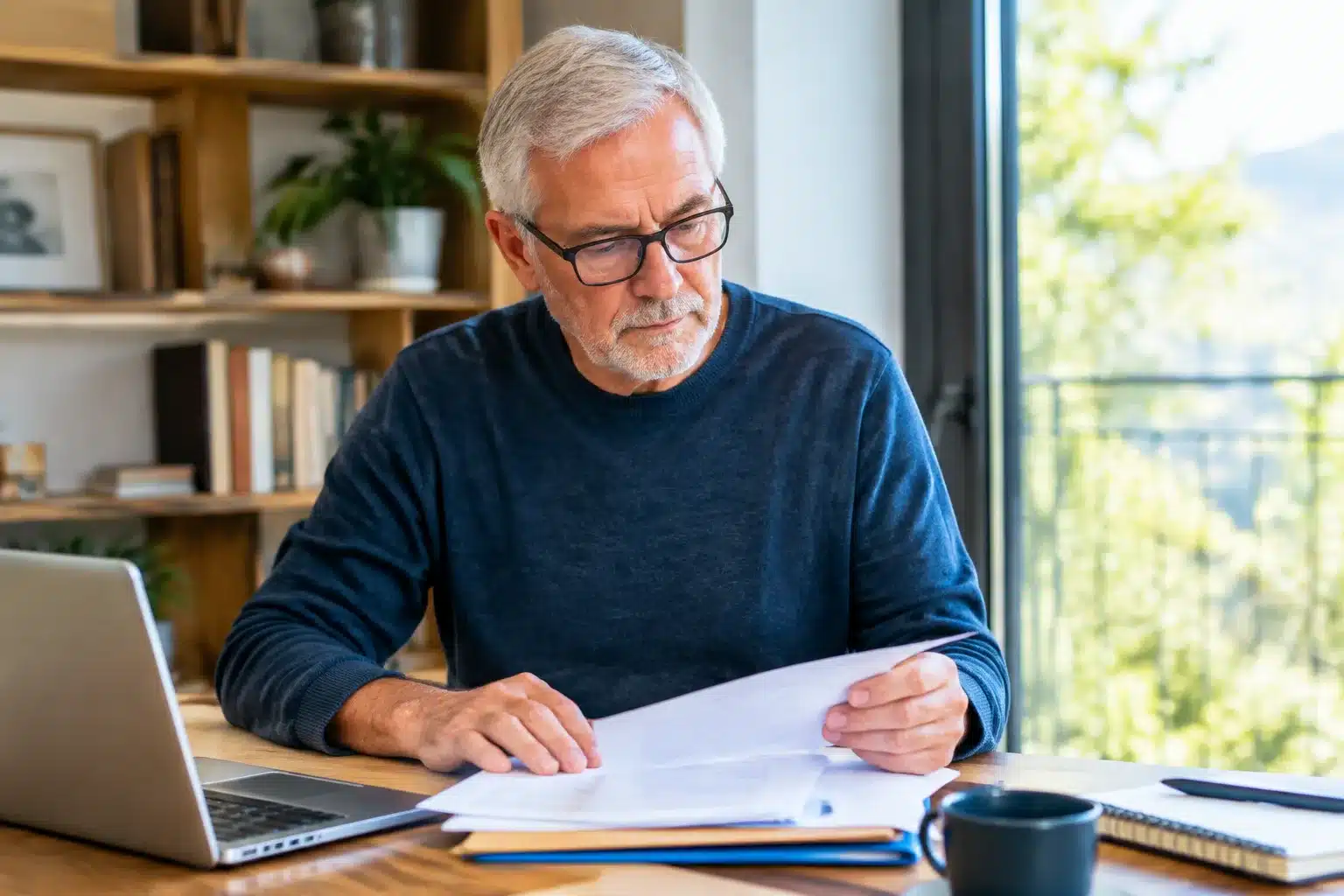 Homme assis a son bureau consultant documents administratifs retraite
