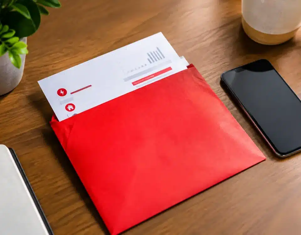 Facture électrique rouge posée sur bureau avec téléphone à côté