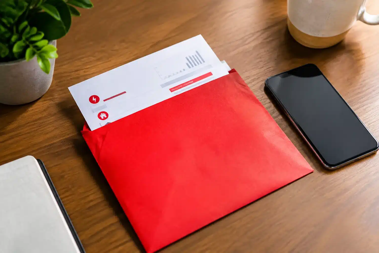Facture électrique rouge posée sur bureau avec téléphone à côté