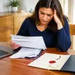 Personne tenant des factures impayees face a un document testamentaire sur table