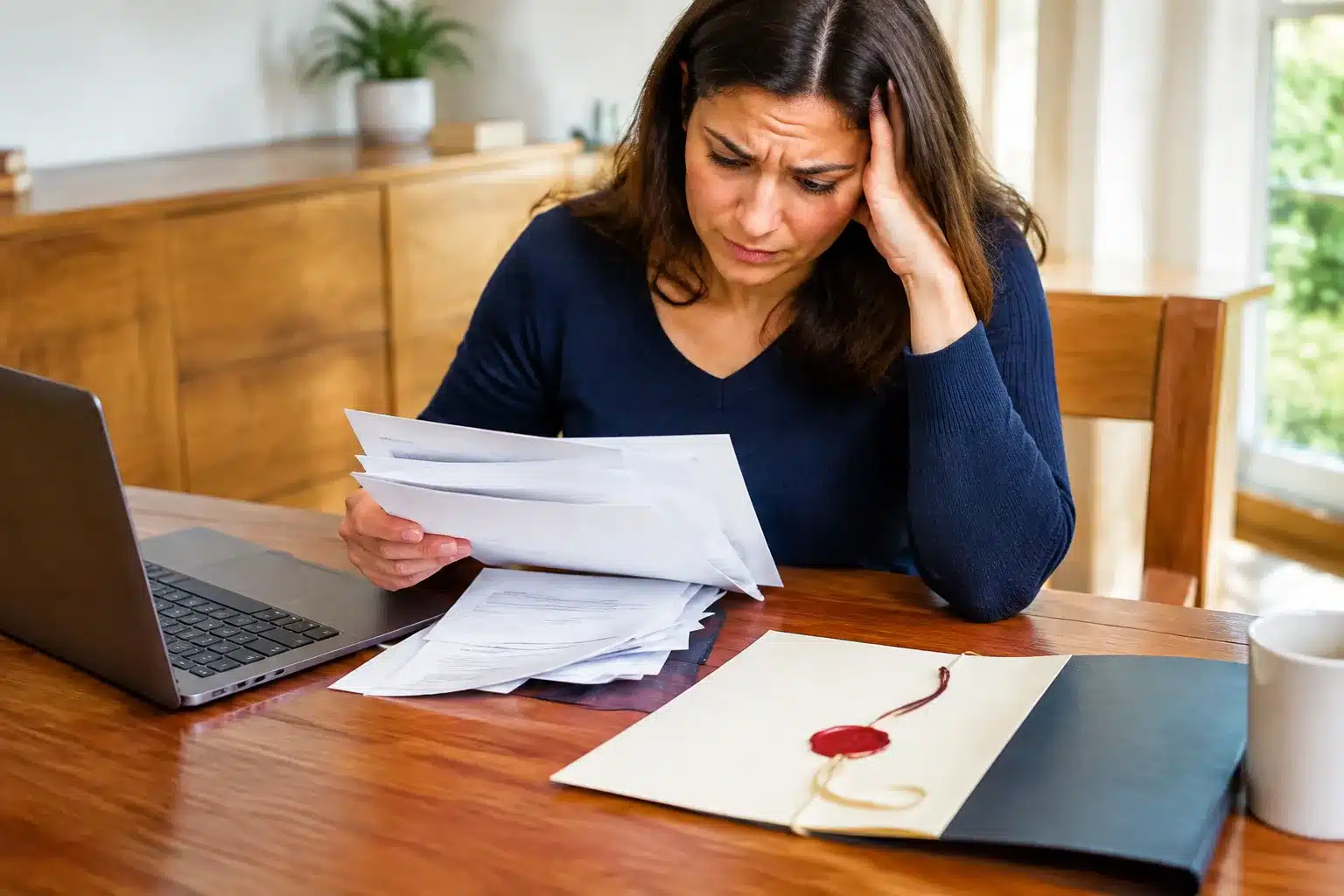 Personne tenant des factures impayees face a un document testamentaire sur table