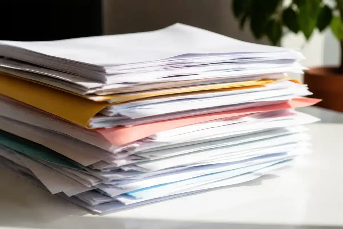 Pile de factures et contrats de location sur table blanche