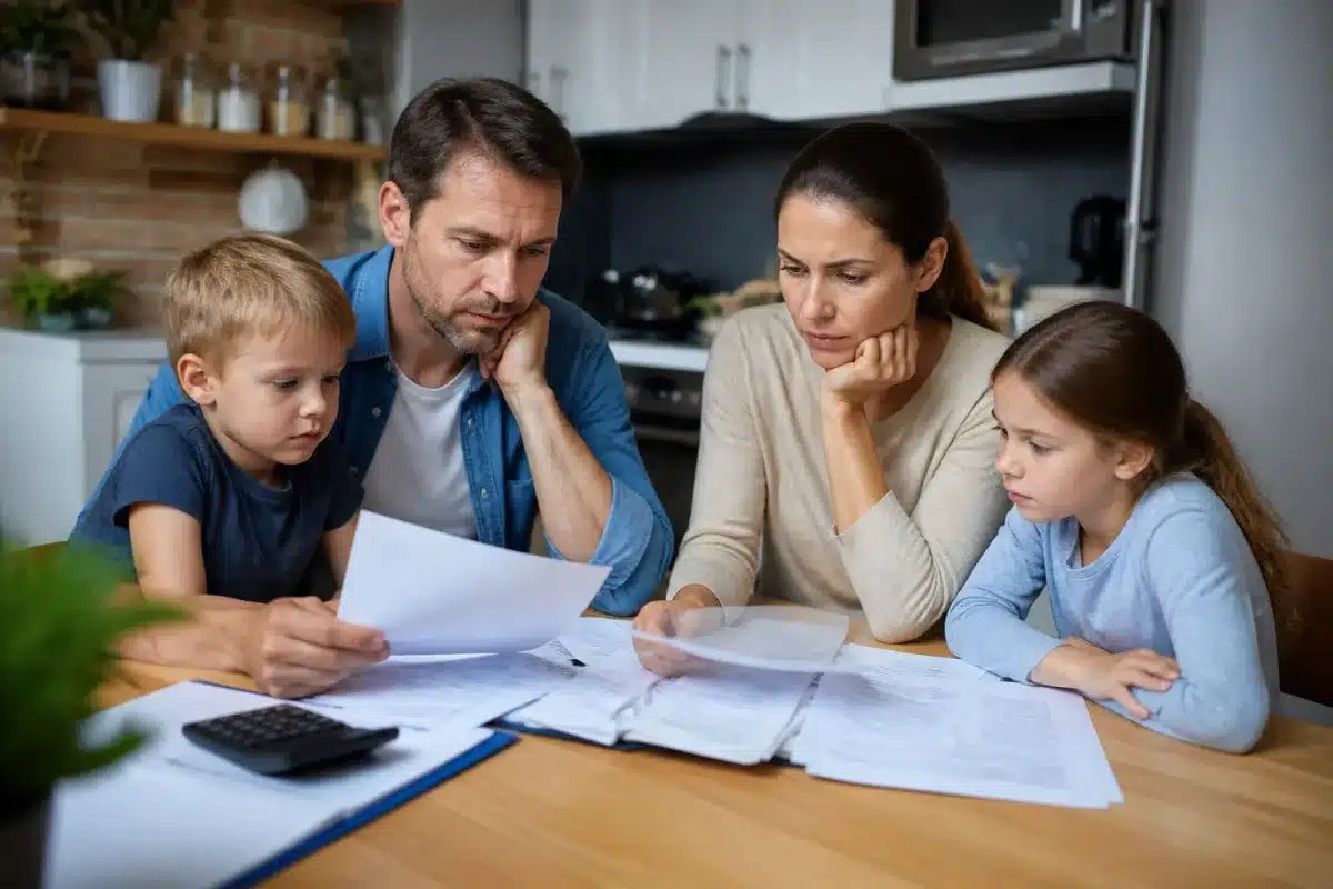 Famille examinant factures et reductions budgetaires ensemble