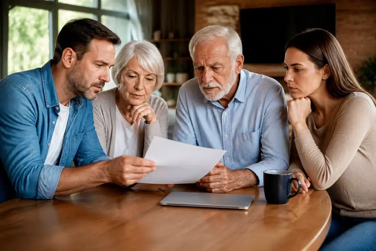 Famille reunite autour documents assurance funeraire