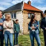 Famille debout autour maison divisée, certains tournés vers vente