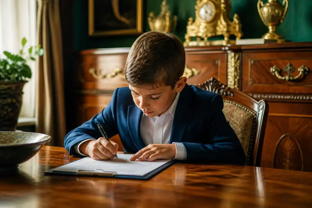 Enfant signant document devant meuble ancien famille