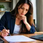 Personne penchée sur documents officiels, stylo à la main, hésitant avant signature