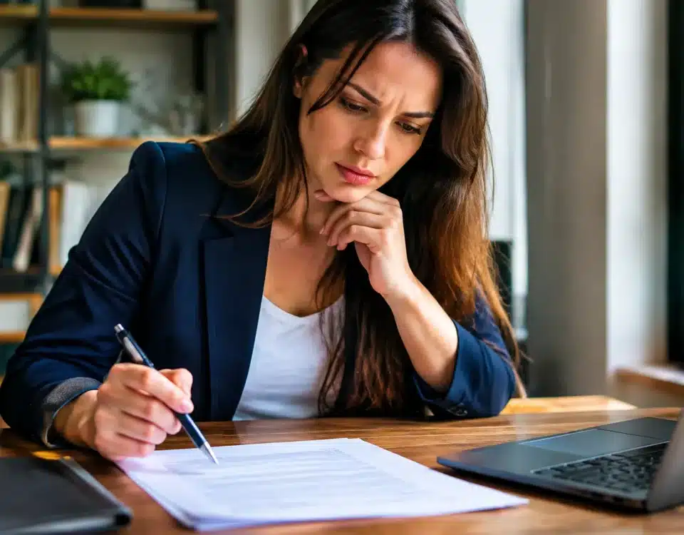 Personne penchée sur documents officiels, stylo à la main, hésitant avant signature