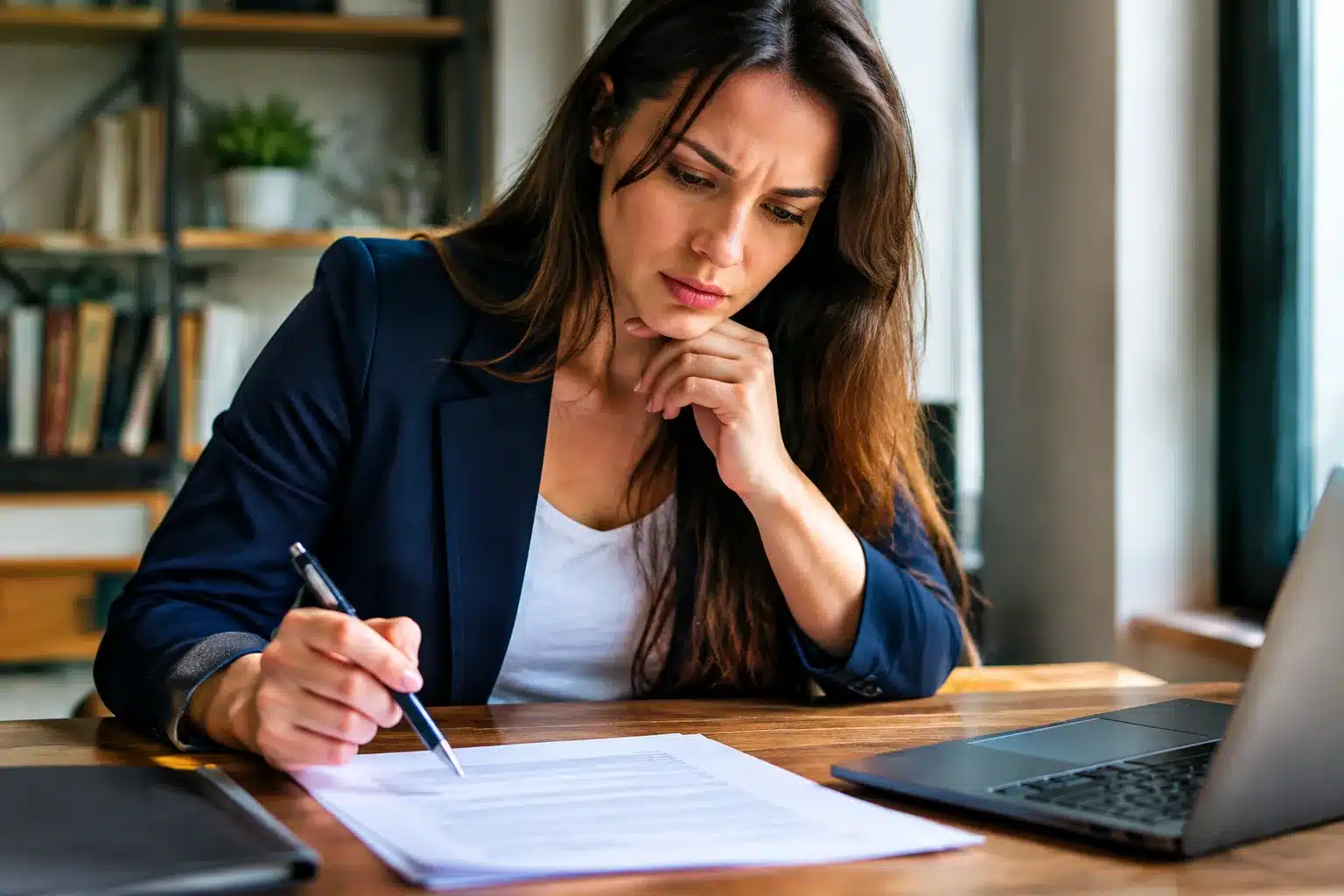 Personne penchée sur documents officiels, stylo à la main, hésitant avant signature
