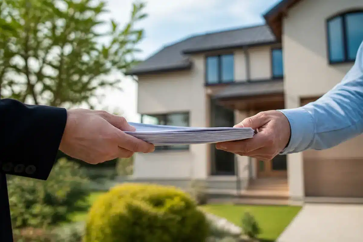 Mains tenant documents succession avec maison en arriere-plan