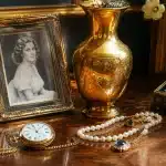 Objets anciens disposes sur une table : montre, cadre photo, vase dore, bijoux etales