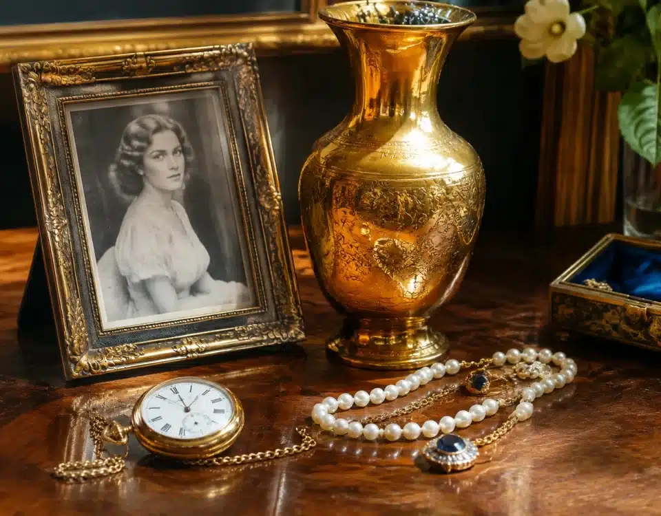 Objets anciens disposes sur une table : montre, cadre photo, vase dore, bijoux etales