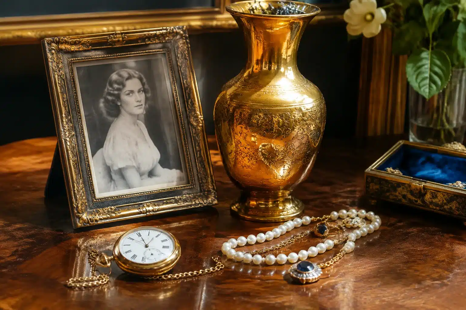 Objets anciens disposes sur une table : montre, cadre photo, vase dore, bijoux etales